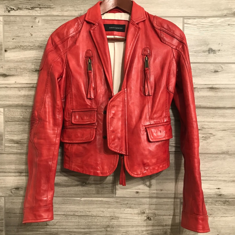 DSquared2 Red Leather Biker Jacket Size 40 / XS